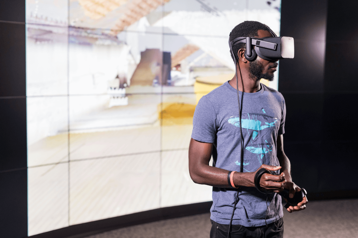 Student with AR/VR headset at University of Rochester